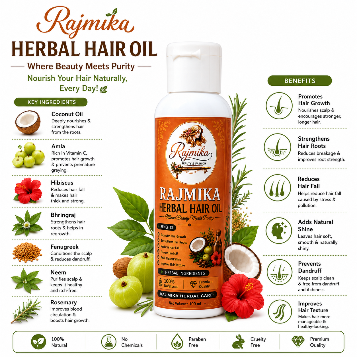 RAJMIKA Herbal Hair Oil – Natural Ayurvedic Hair Oil for Hair Growth & Hair Fall Control