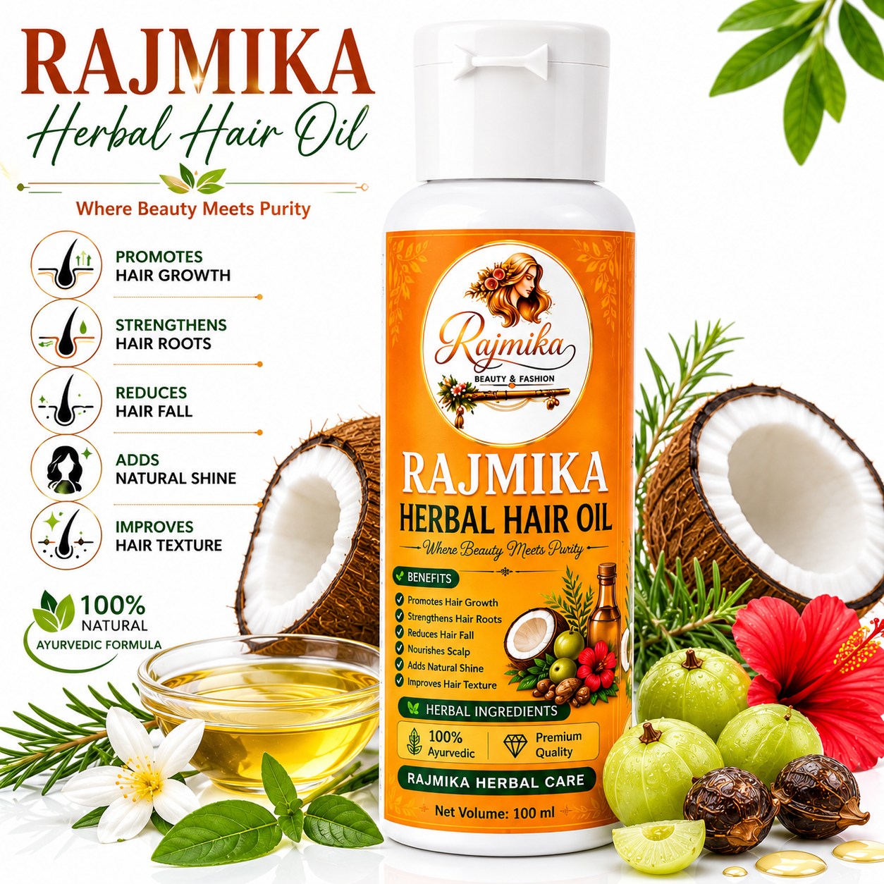 RAJMIKA Herbal Hair Oil – Natural Ayurvedic Hair Oil for Hair Growth & Hair Fall Control